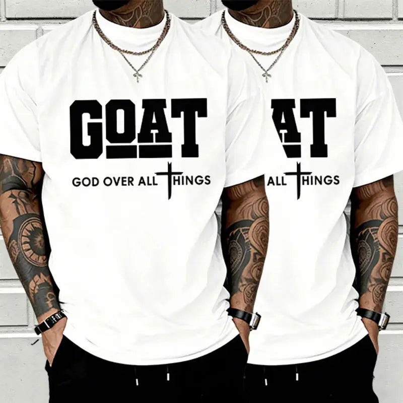 GOAT (“God over All”) Graphic T-Shirt for Men, 100% Pure Cotton, Loose Street-Style Short Sleeves—Trendy Christian Casual Top, Best-Selling Faith Urban Fashion Style., Shortsleeve, Menswear, Tshirt, round Neck Tiktokshopspringglowup
