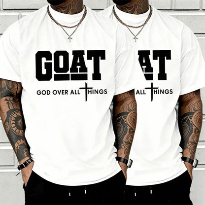 GOAT (“God over All”) Graphic T-Shirt for Men, 100% Pure Cotton, Loose Street-Style Short Sleeves—Trendy Christian Casual Top, Best-Selling Faith Urban Fashion Style., Shortsleeve, Menswear, Tshirt, round Neck Tiktokshopspringglowup