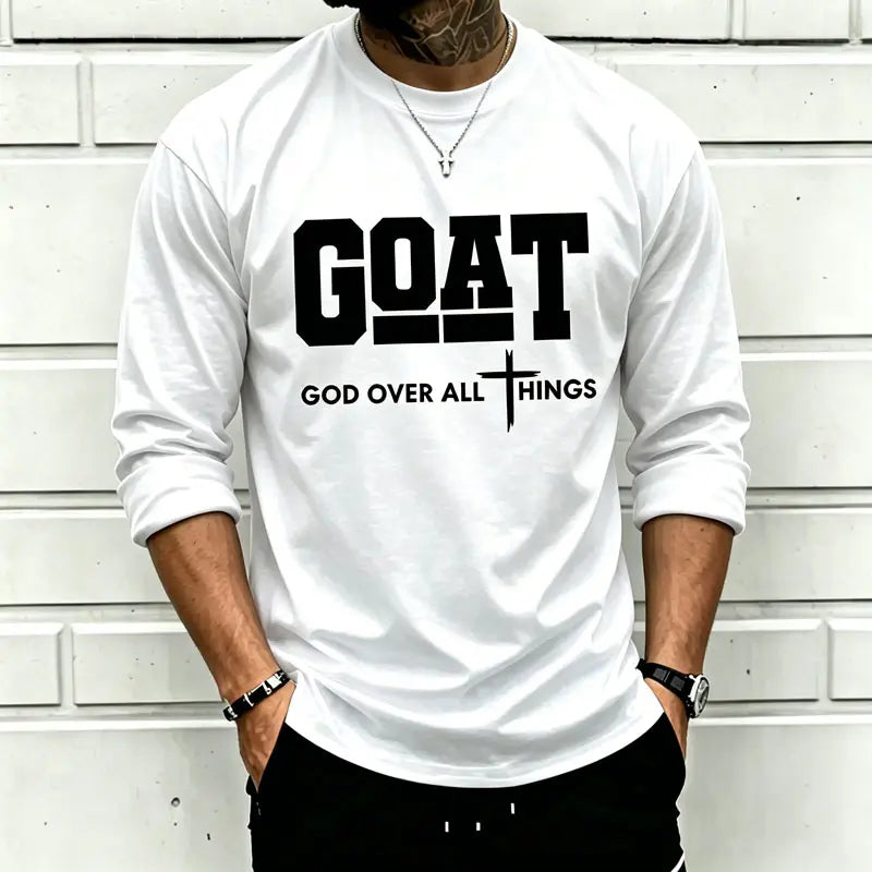 GOAT (“God over All”) Graphic T-Shirt for Men, 100% Pure Cotton, Loose Street-Style Short Sleeves—Trendy Christian Casual Top, Best-Selling Faith Urban Fashion Style., Shortsleeve, Menswear, Tshirt, round Neck Tiktokshopspringglowup