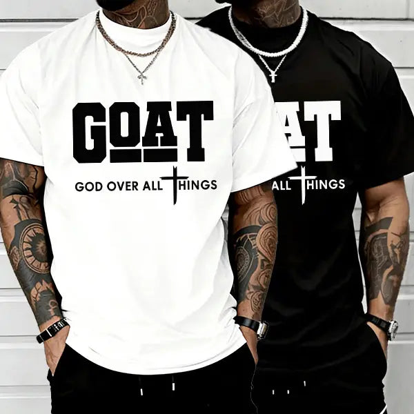 GOAT (“God over All”) Graphic T-Shirt for Men, 100% Pure Cotton, Loose Street-Style Short Sleeves—Trendy Christian Casual Top, Best-Selling Faith Urban Fashion Style., Shortsleeve, Menswear, Tshirt, round Neck Tiktokshopspringglowup