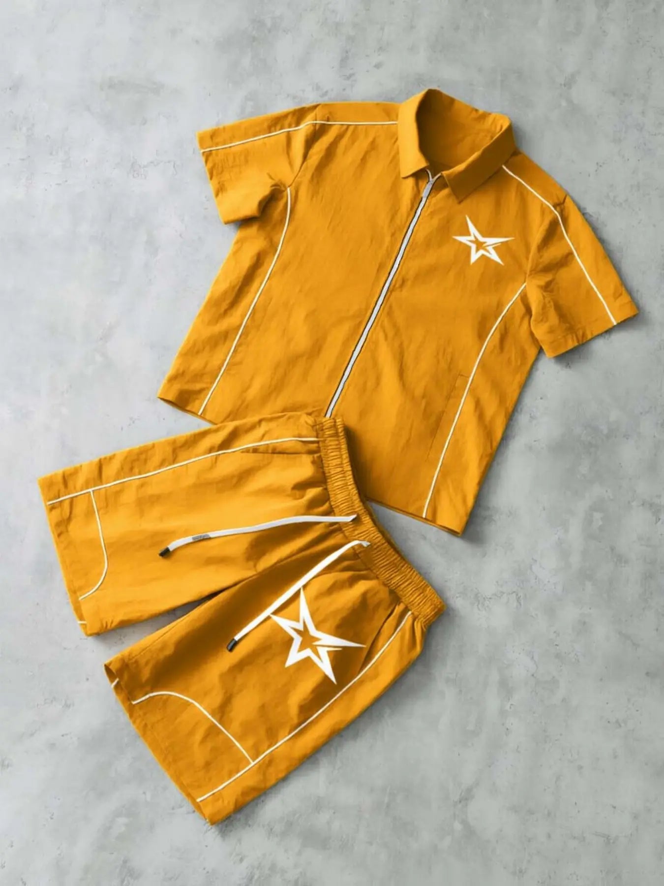 Stars Pattern Casual Set Short Sleeve Zipper Shirt + Gym Shorts Two-Piece Set, Breathable Comfort Spring Summer Daily Wear, Athleisure Summer Clothes, Sports Clothing