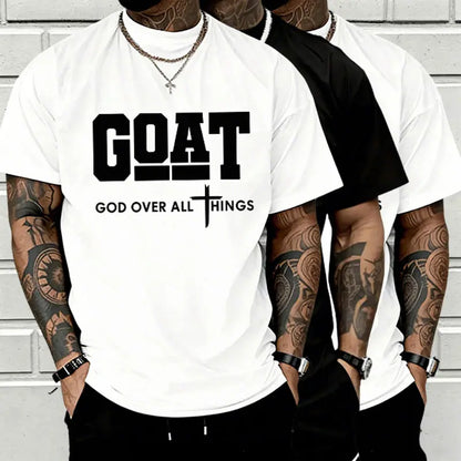 GOAT (“God over All”) Graphic T-Shirt for Men, 100% Pure Cotton, Loose Street-Style Short Sleeves—Trendy Christian Casual Top, Best-Selling Faith Urban Fashion Style., Shortsleeve, Menswear, Tshirt, round Neck Tiktokshopspringglowup