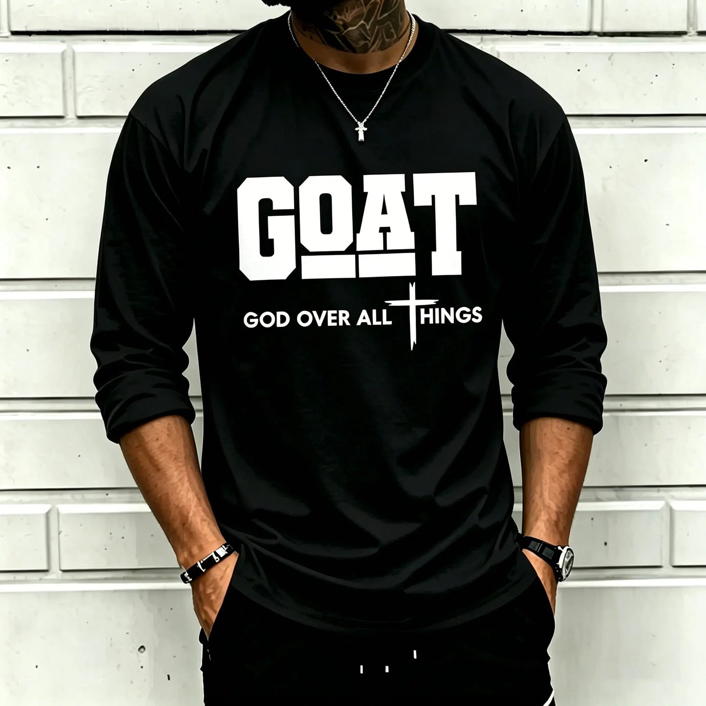 GOAT (“God over All”) Graphic T-Shirt for Men, 100% Pure Cotton, Loose Street-Style Short Sleeves—Trendy Christian Casual Top, Best-Selling Faith Urban Fashion Style., Shortsleeve, Menswear, Tshirt, round Neck Tiktokshopspringglowup