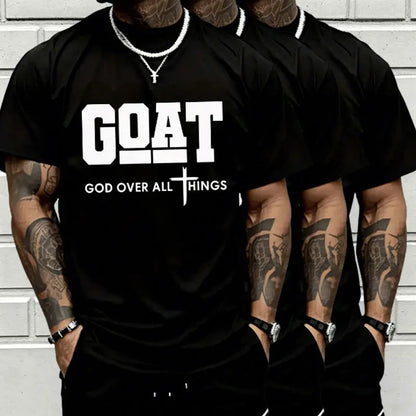 GOAT (“God over All”) Graphic T-Shirt for Men, 100% Pure Cotton, Loose Street-Style Short Sleeves—Trendy Christian Casual Top, Best-Selling Faith Urban Fashion Style., Shortsleeve, Menswear, Tshirt, round Neck Tiktokshopspringglowup