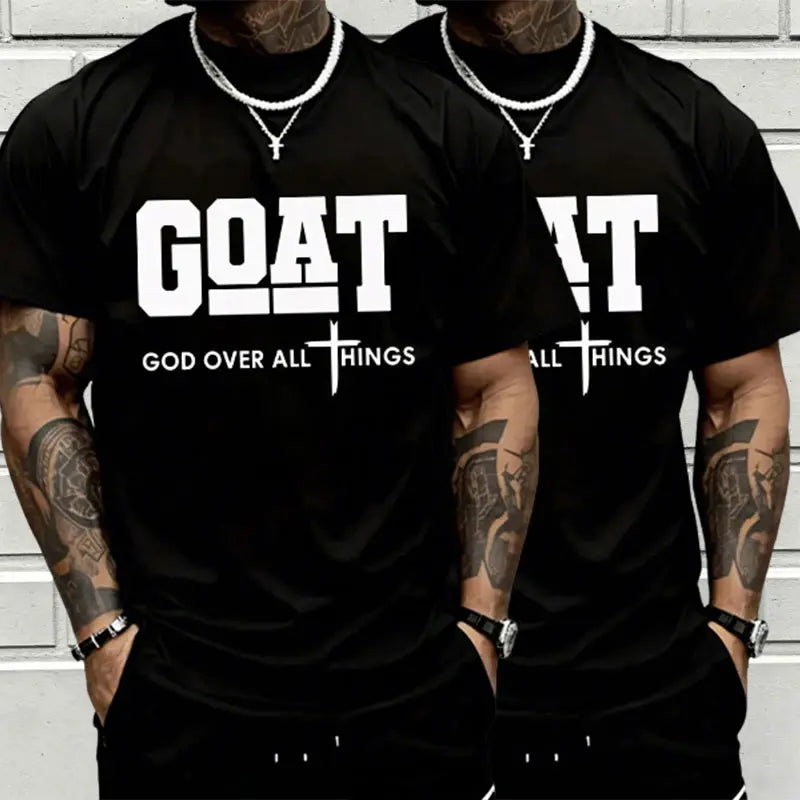 GOAT (“God over All”) Graphic T-Shirt for Men, 100% Pure Cotton, Loose Street-Style Short Sleeves—Trendy Christian Casual Top, Best-Selling Faith Urban Fashion Style., Shortsleeve, Menswear, Tshirt, round Neck Tiktokshopspringglowup