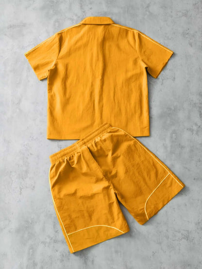 Stars Pattern Casual Set Short Sleeve Zipper Shirt + Gym Shorts Two-Piece Set, Breathable Comfort Spring Summer Daily Wear, Athleisure Summer Clothes, Sports Clothing