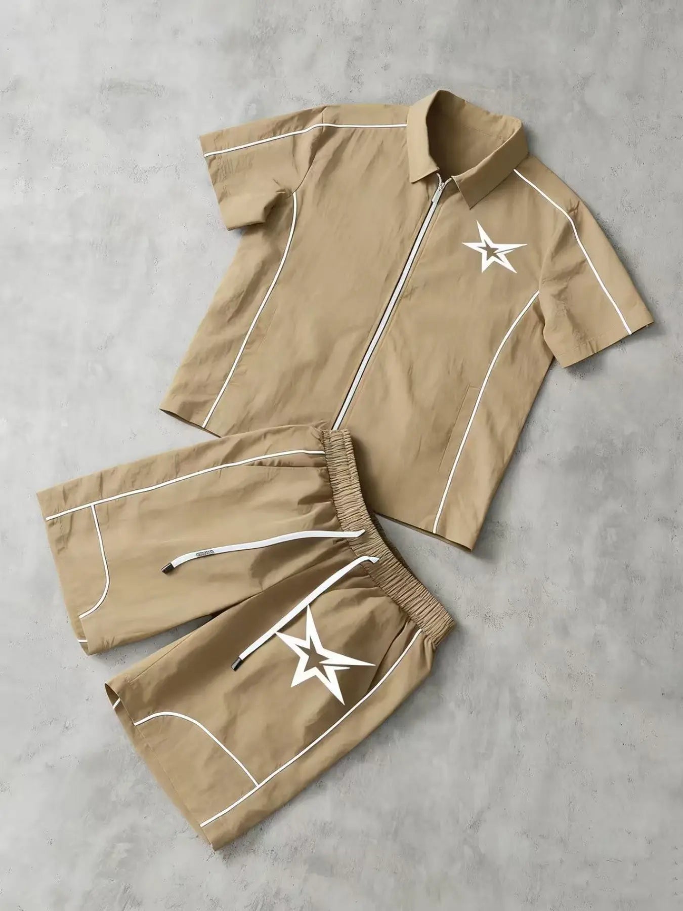 Stars Pattern Casual Set Short Sleeve Zipper Shirt + Gym Shorts Two-Piece Set, Breathable Comfort Spring Summer Daily Wear, Athleisure Summer Clothes, Sports Clothing