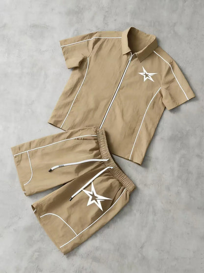 Stars Pattern Casual Set Short Sleeve Zipper Shirt + Gym Shorts Two-Piece Set, Breathable Comfort Spring Summer Daily Wear, Athleisure Summer Clothes, Sports Clothing