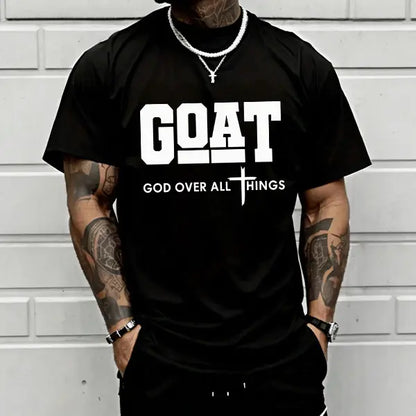 GOAT (“God over All”) Graphic T-Shirt for Men, 100% Pure Cotton, Loose Street-Style Short Sleeves—Trendy Christian Casual Top, Best-Selling Faith Urban Fashion Style., Shortsleeve, Menswear, Tshirt, round Neck Tiktokshopspringglowup