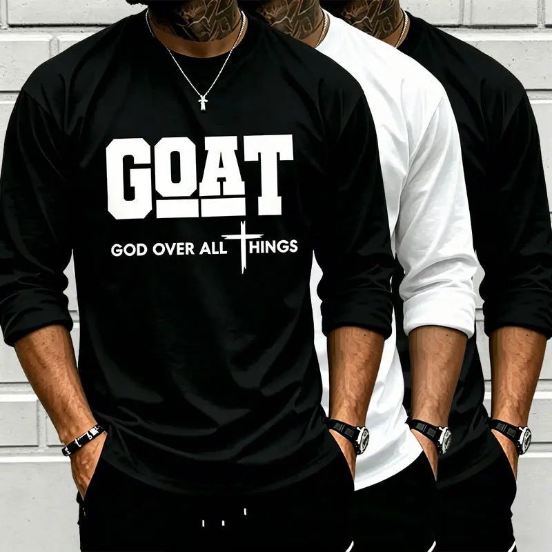 GOAT (“God over All”) Graphic T-Shirt for Men, 100% Pure Cotton, Loose Street-Style Short Sleeves—Trendy Christian Casual Top, Best-Selling Faith Urban Fashion Style., Shortsleeve, Menswear, Tshirt, round Neck Tiktokshopspringglowup