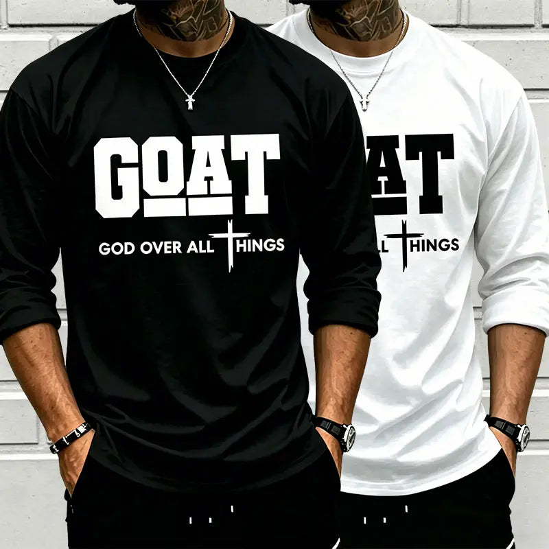 GOAT (“God over All”) Graphic T-Shirt for Men, 100% Pure Cotton, Loose Street-Style Short Sleeves—Trendy Christian Casual Top, Best-Selling Faith Urban Fashion Style., Shortsleeve, Menswear, Tshirt, round Neck Tiktokshopspringglowup