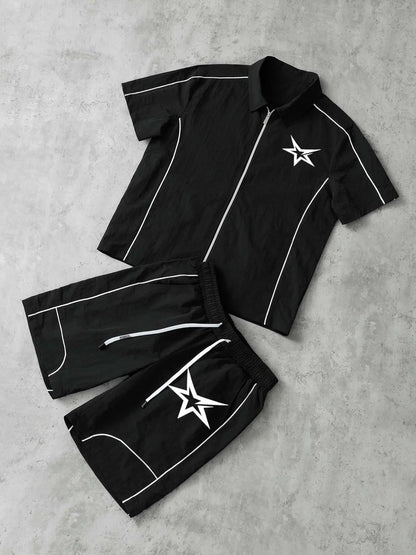 Stars Pattern Casual Set Short Sleeve Zipper Shirt + Gym Shorts Two-Piece Set, Breathable Comfort Spring Summer Daily Wear, Athleisure Summer Clothes, Sports Clothing