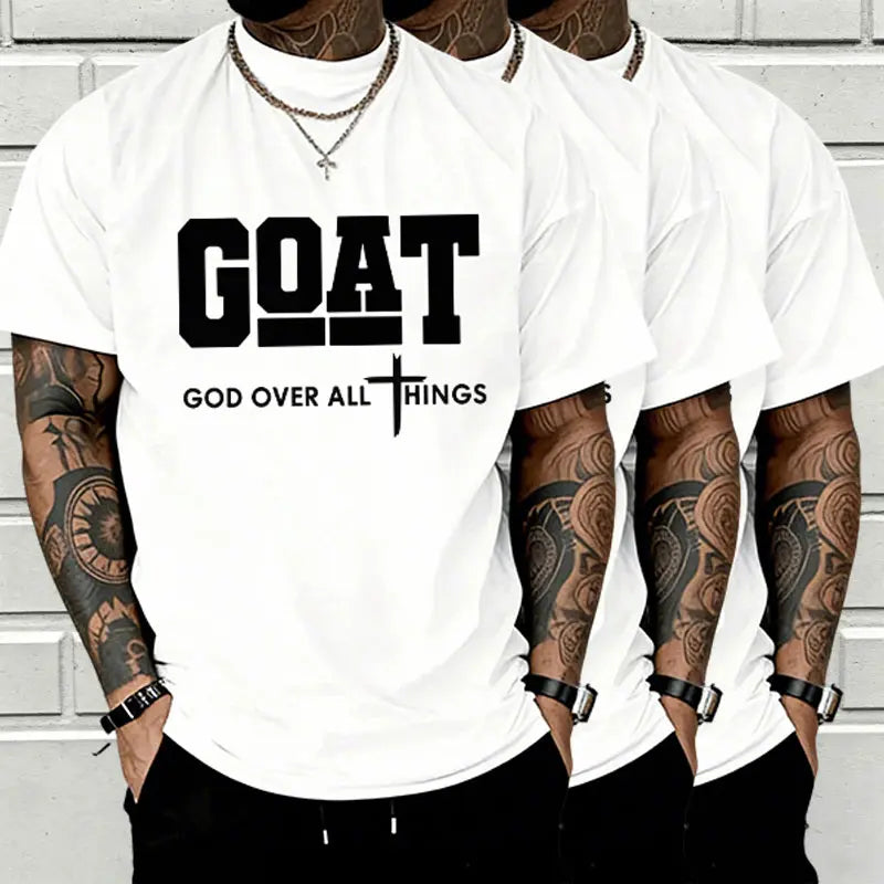 GOAT (“God over All”) Graphic T-Shirt for Men, 100% Pure Cotton, Loose Street-Style Short Sleeves—Trendy Christian Casual Top, Best-Selling Faith Urban Fashion Style., Shortsleeve, Menswear, Tshirt, round Neck Tiktokshopspringglowup