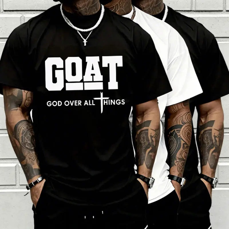 GOAT (“God over All”) Graphic T-Shirt for Men, 100% Pure Cotton, Loose Street-Style Short Sleeves—Trendy Christian Casual Top, Best-Selling Faith Urban Fashion Style., Shortsleeve, Menswear, Tshirt, round Neck Tiktokshopspringglowup