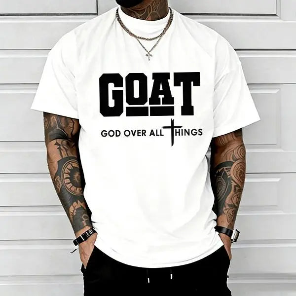 GOAT (“God over All”) Graphic T-Shirt for Men, 100% Pure Cotton, Loose Street-Style Short Sleeves—Trendy Christian Casual Top, Best-Selling Faith Urban Fashion Style., Shortsleeve, Menswear, Tshirt, round Neck Tiktokshopspringglowup