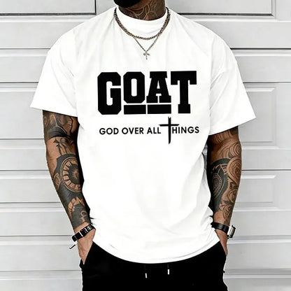GOAT (“God over All”) Graphic T-Shirt for Men, 100% Pure Cotton, Loose Street-Style Short Sleeves—Trendy Christian Casual Top, Best-Selling Faith Urban Fashion Style., Shortsleeve, Menswear, Tshirt, round Neck Tiktokshopspringglowup