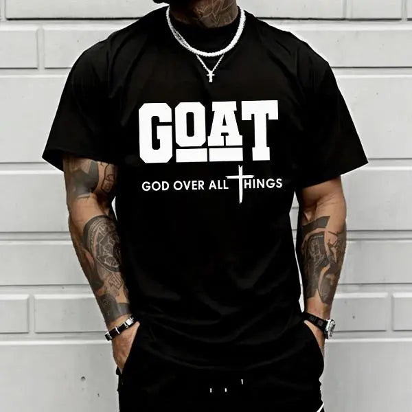 GOAT (“God over All”) Graphic T-Shirt for Men, 100% Pure Cotton, Loose Street-Style Short Sleeves—Trendy Christian Casual Top, Best-Selling Faith Urban Fashion Style., Shortsleeve, Menswear, Tshirt, round Neck Tiktokshopspringglowup