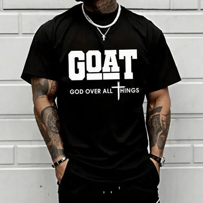 GOAT (“God over All”) Graphic T-Shirt for Men, 100% Pure Cotton, Loose Street-Style Short Sleeves—Trendy Christian Casual Top, Best-Selling Faith Urban Fashion Style., Shortsleeve, Menswear, Tshirt, round Neck Tiktokshopspringglowup