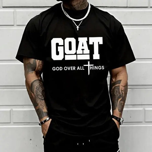 GOAT (“God over All”) Graphic T-Shirt for Men, 100% Pure Cotton, Loose Street-Style Short Sleeves—Trendy Christian Casual Top, Best-Selling Faith Urban Fashion Style., Shortsleeve, Menswear, Tshirt, round Neck Tiktokshopspringglowup