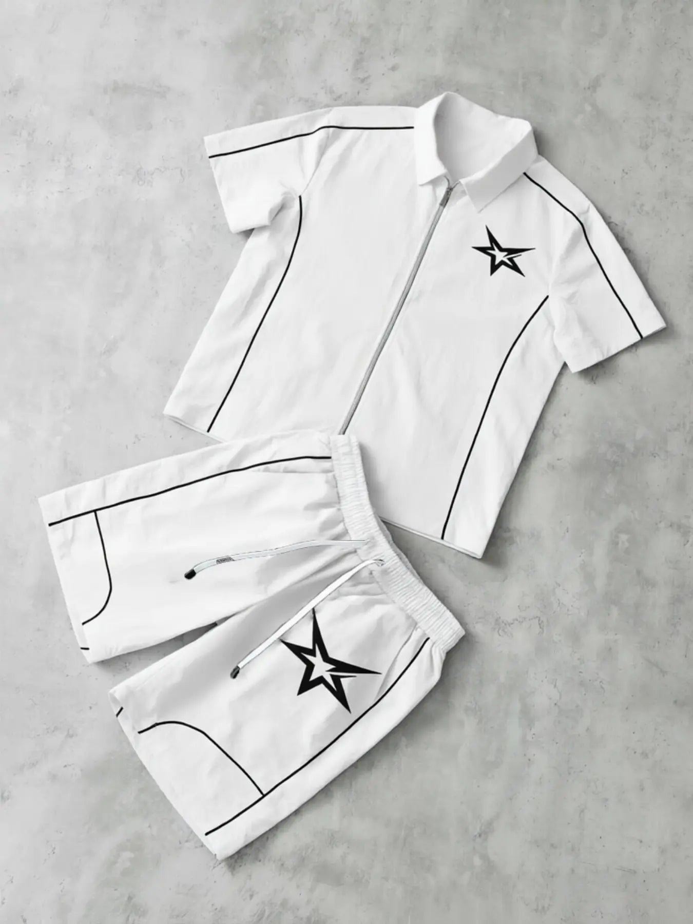 Stars Pattern Casual Set Short Sleeve Zipper Shirt + Gym Shorts Two-Piece Set, Breathable Comfort Spring Summer Daily Wear, Athleisure Summer Clothes, Sports Clothing